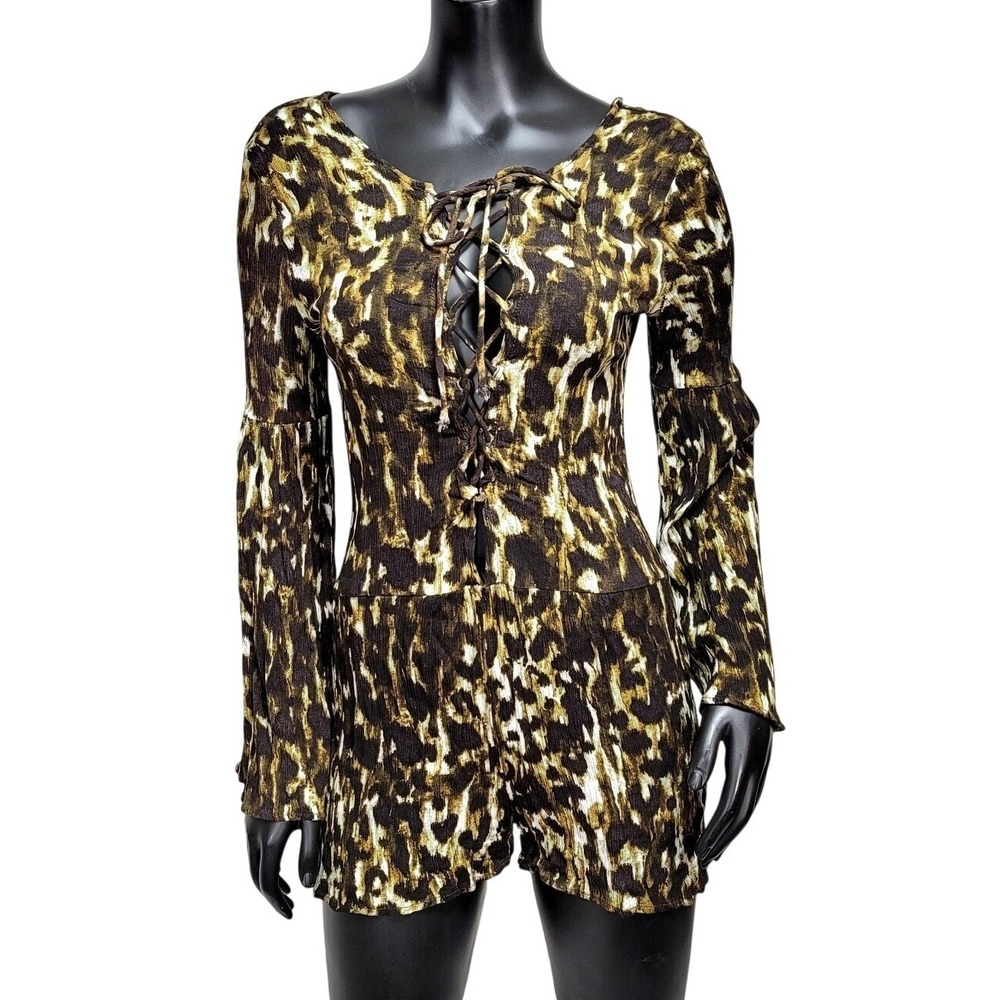 Umgee USA Leopard Print Lace Up Romper Brown Gold Bell Sleeve L Mob Wives Club
